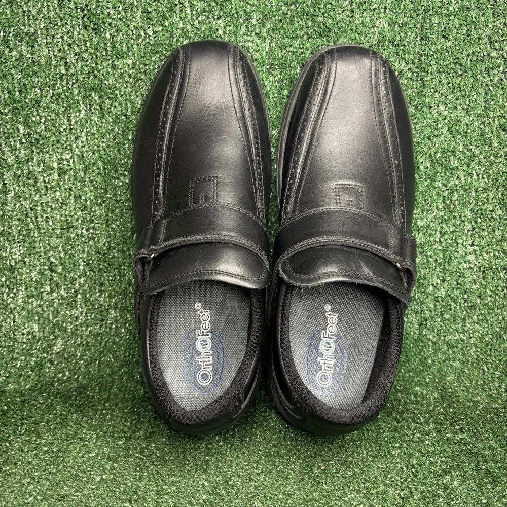 Orthofeet Hook Loop Orthopedic Leather Walking Shoes Black Mens 13 4E Extra Wide